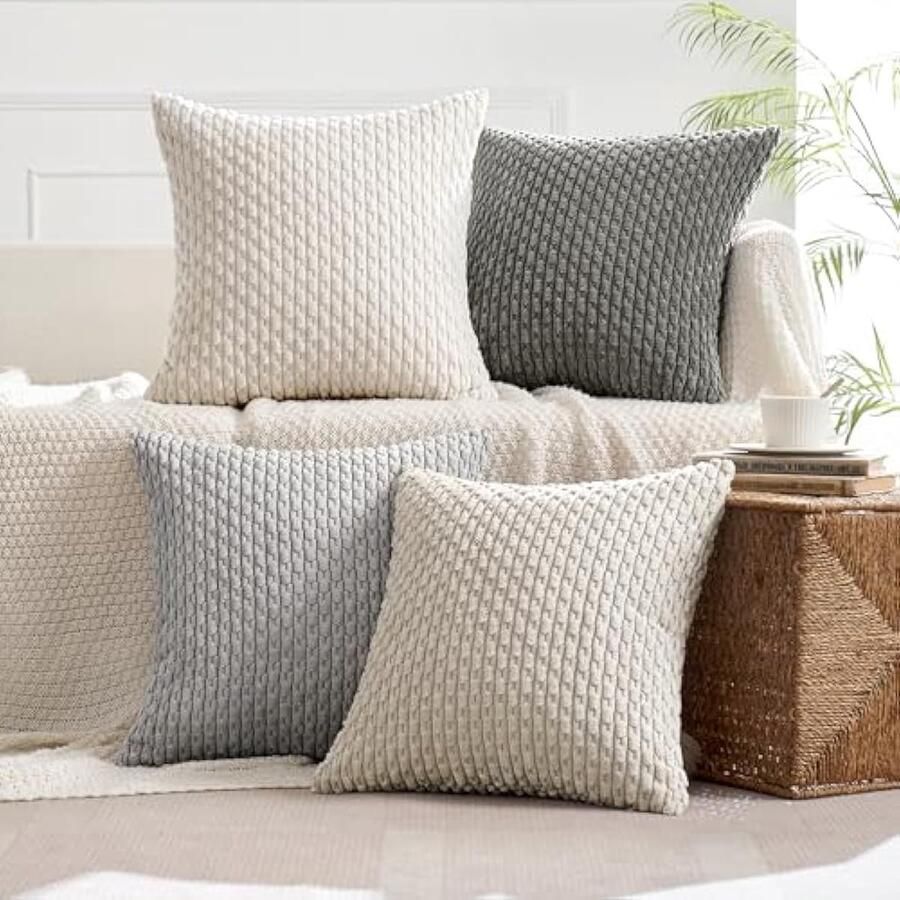 Set van 4 corduroy kussenslopen decoratieve kussenhoezen moderne bankkussensoop kussens bankkussens voor bank sierkussen woonkamer slaapkamer 45 x 45 cm grijze serie