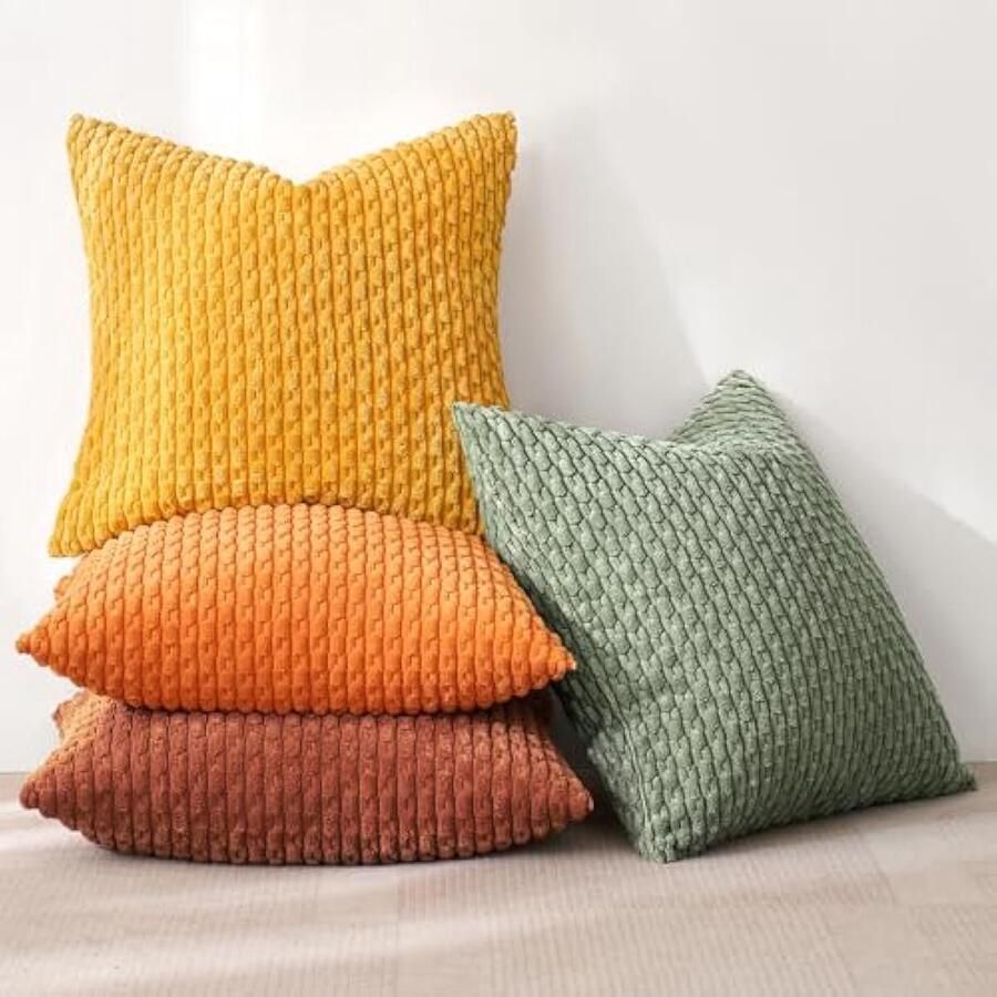 Set van 4 corduroy kussenslopen decoratieve kussenhoezen moderne bankkussensoop kussens bankkussens voor bank sierkussen woonkamer slaapkamer 45 x 45 cm oranje groene serie