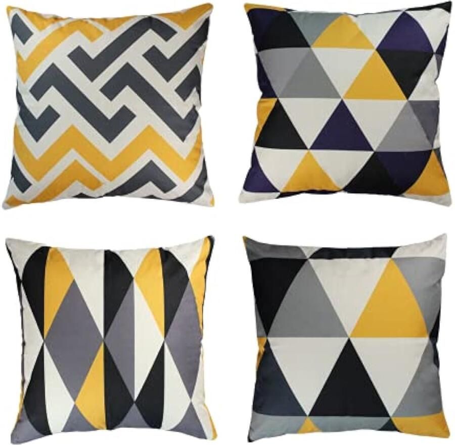 Set Van 4 Decoratieve Kussenhoezen Geel 50 x 50 cm Geometrische Kussenhoes Vierkante Kussensloop Voor Buitenterras Tuinbank Woonkamer Bankdecoratie
