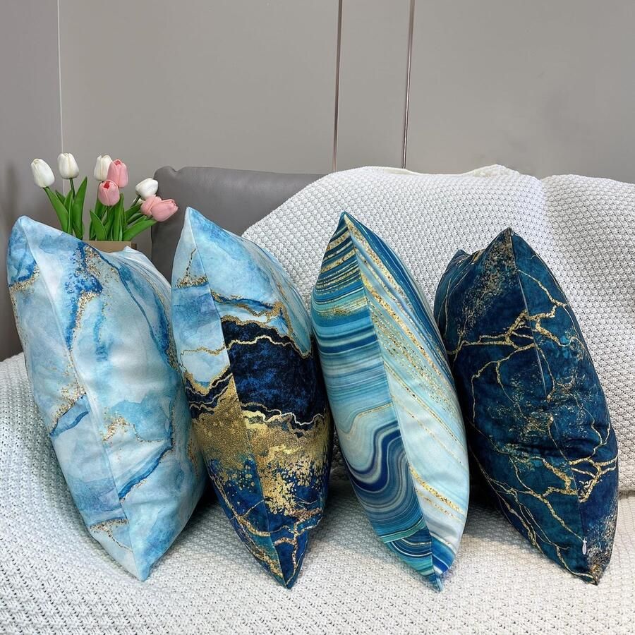 Set van 4 decoratieve kussenhoezen katoen kussensloop dubbelzijdig patroon decoratief kussen bankkussen voor bank auto slaapkamer 45x45 cm (golf)