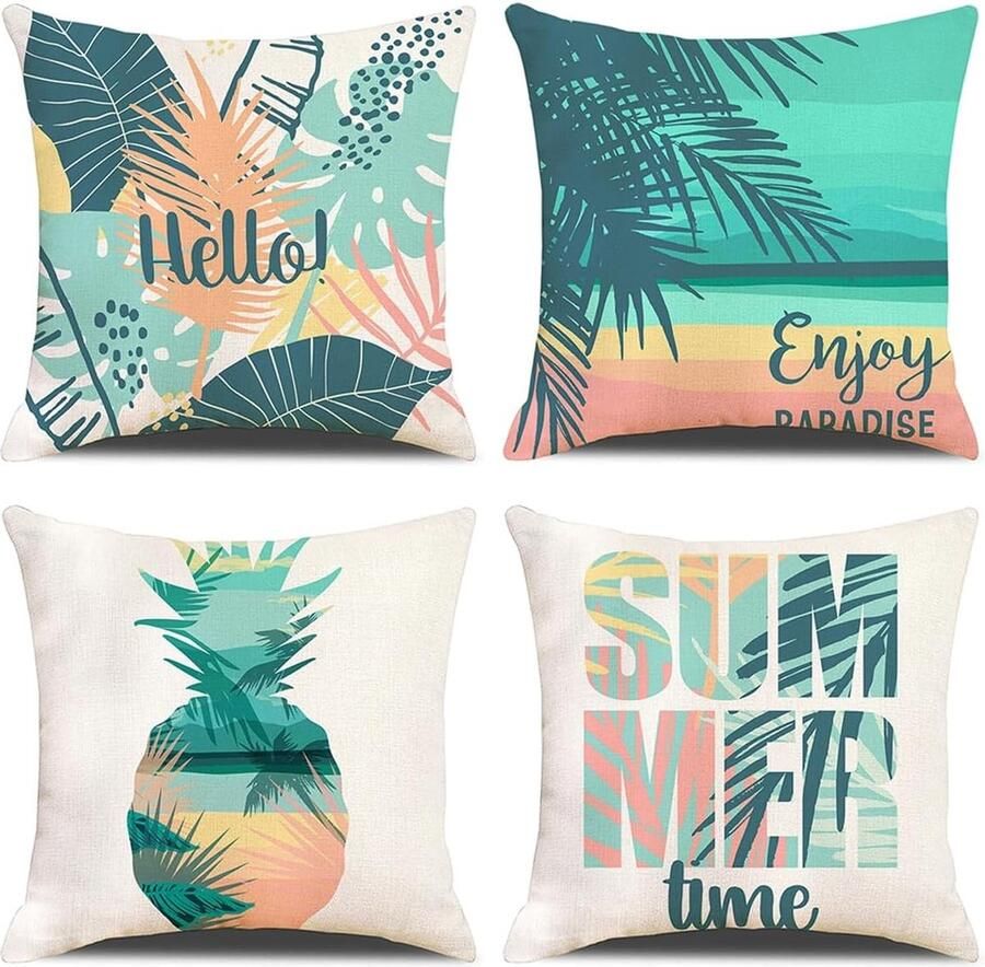 Set van 4 decoratieve kussenhoezen katoenen linnen kussenhoes decoratief kussen bankkussen voor bank auto slaapkamer 45 x 45 cm (zomerananas)