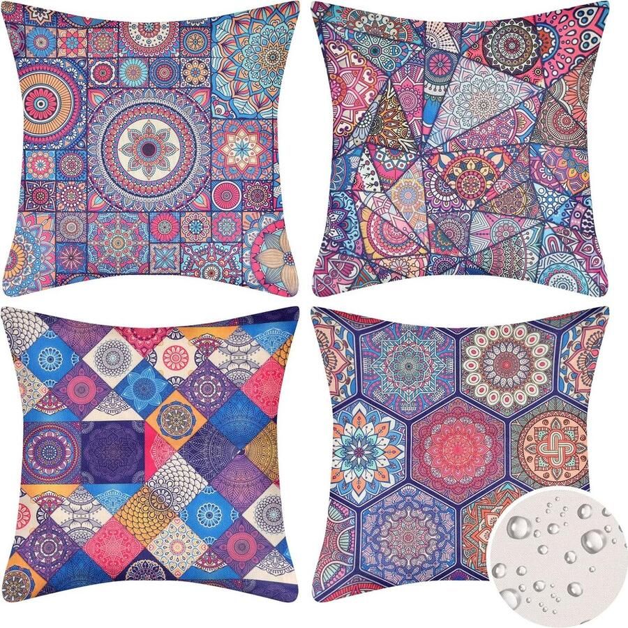 Set van 4 decoratieve kussenhoezen voor buiten boho kussenhoes met kleurrijk geometrisch patroon decoratief kussen 45 x 45 cm waterdicht linnen mandala-kussen voor thuis bank auto