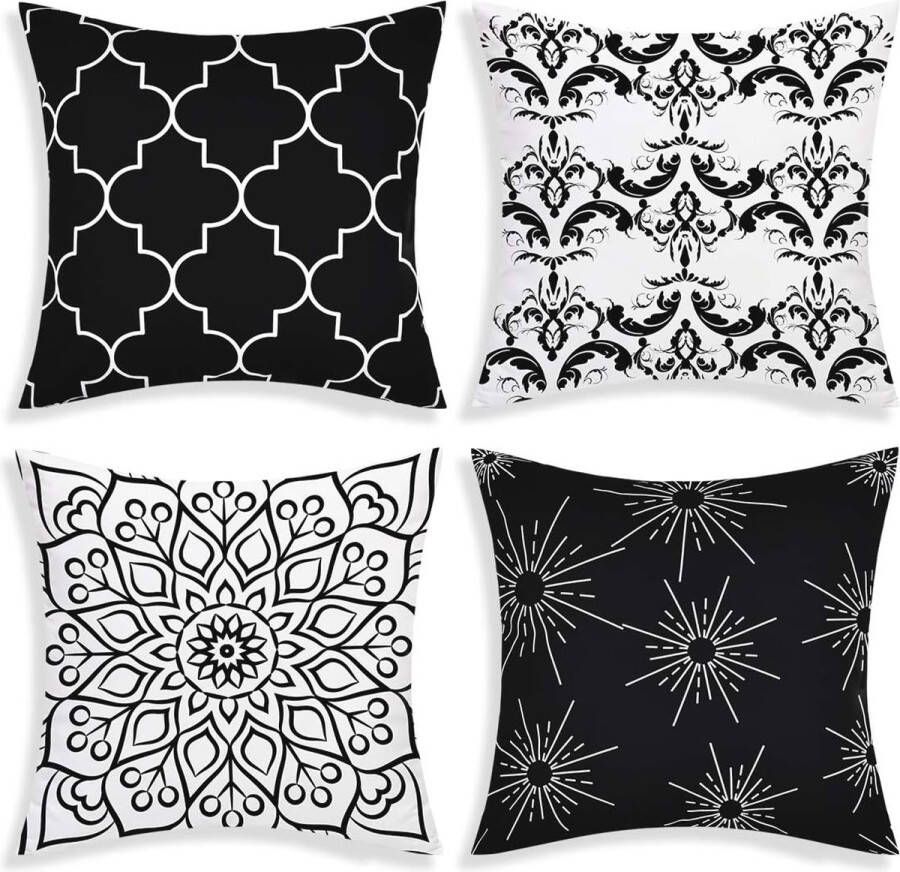 Set van 4 decoratieve kussenhoezen voor buiten sierkussensloop patroon kussenhoes voor bank kamer polyester 40 x 40 cm zwart