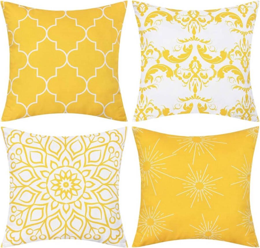 Set van 4 decoratieve kussenhoezen voor buiten sierkussensloop patroon kussenovertrek voor bank kamer polyester 40 x 40 cm geel