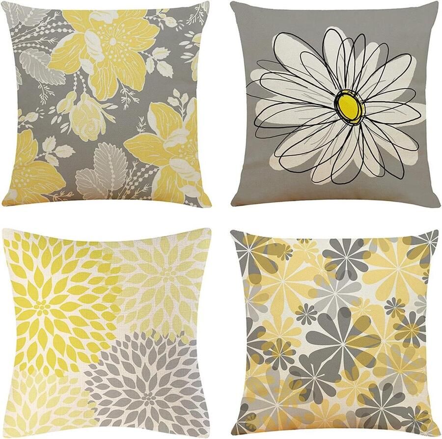 Set van 4 decoratieve kussenhoezen zomerbloem Zacht polyester Vierkante sierkussenslopen Buiten terras tuinbank woonkamerdecoratie Grijs