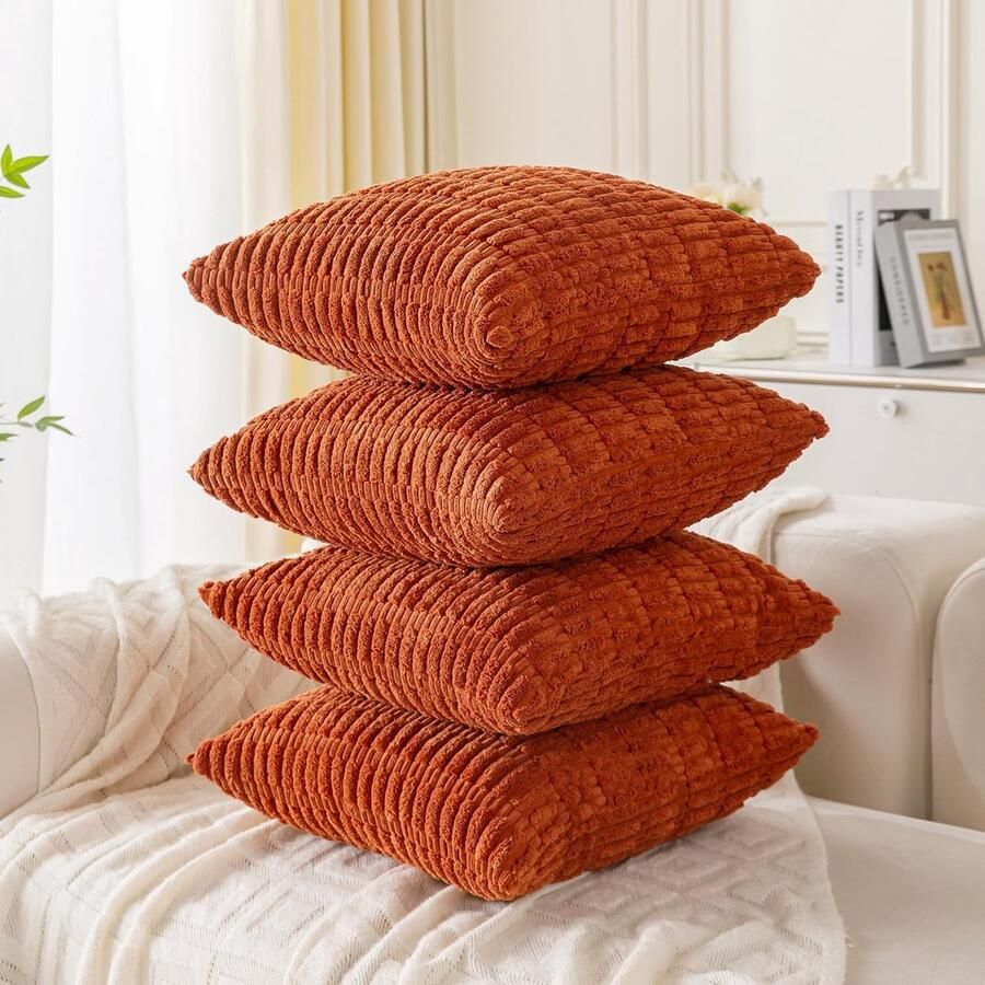 Set van 4 decoratieve kussenslopen 40 x 40 cm burnt oranje corduroy fluwelen kussen bankkussens sierkussen wollige kussenslopen kussenhoes voor bank