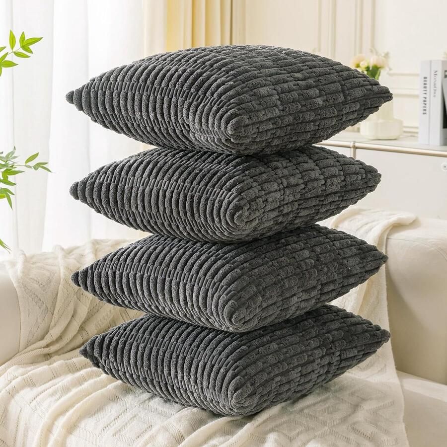 Set van 4 decoratieve kussenslopen 40 x 40 cm donkergrijs mosterdgeel oranje corduroy kussen bankkussen sierkussen pluizige kussenslopen kussenhoes voor bank