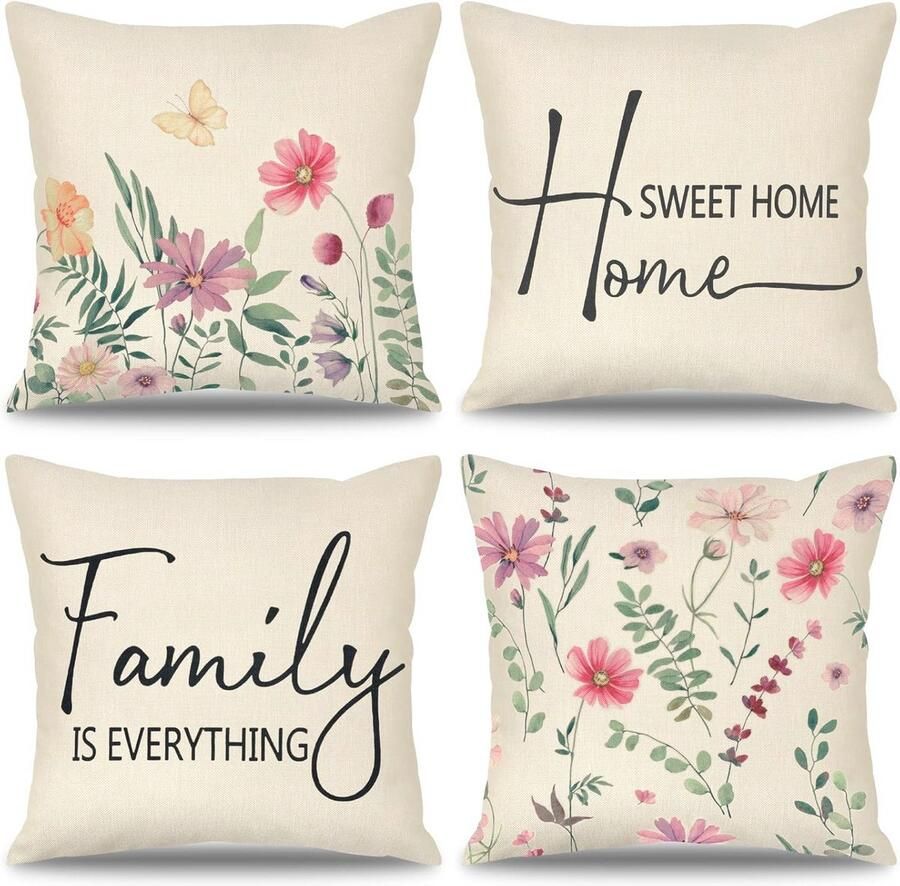 Set van 4 Decoratieve Kussenslopen 45 x 45 cm Bloemenpatroon voor Moderne Interieurs Geschikt voor Bank Slaapkamer en Auto