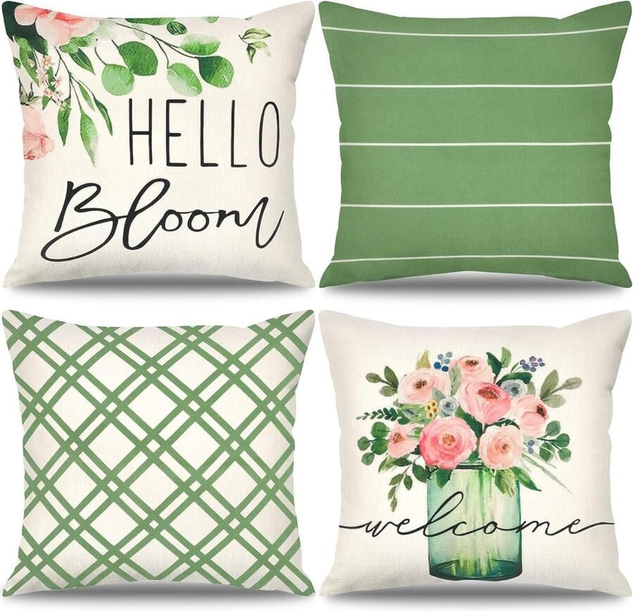 Set van 4 decoratieve kussenslopen 45 x 45 cm lentegroen plant kussensloop diamantstrepen boerderij linnen kussen decoratief kussen voor bank bed woonkamer auto