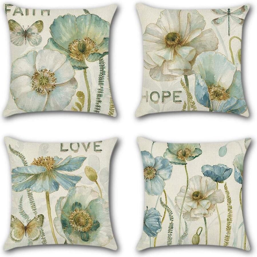 Set van 4 decoratieve kussenslopen 45 x 45 cm polyester linnen kussenslopen decokussen kussensloop set kussen voor bank auto slaapkamer thuis decoratie (bloemenserie)
