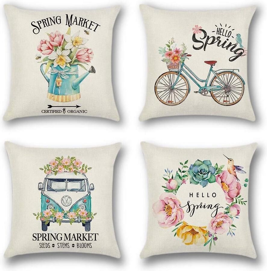 Set van 4 decoratieve kussenslopen 45 x 45 cm polyester linnen kussenslopen sierkussen kussenhoes set kussen geval voor bank auto slaapkamer thuis decoratie (lente F)