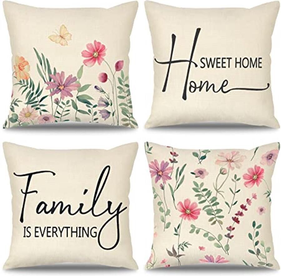 Set van 4 Decoratieve Kussenslopen 45x45 cm voor Tafel en Bank – Bloemenpatroondesign voor Elegant Interieur