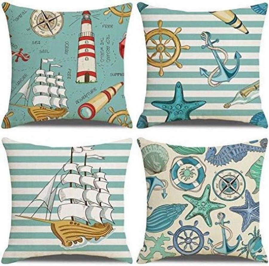 Set van 4 decoratieve kussenslopen katoenlinnen kussenhoes decoratief kussen bankkussen voor bank auto slaapkamer 45 x 45 cm (navigatie kleurrijk)