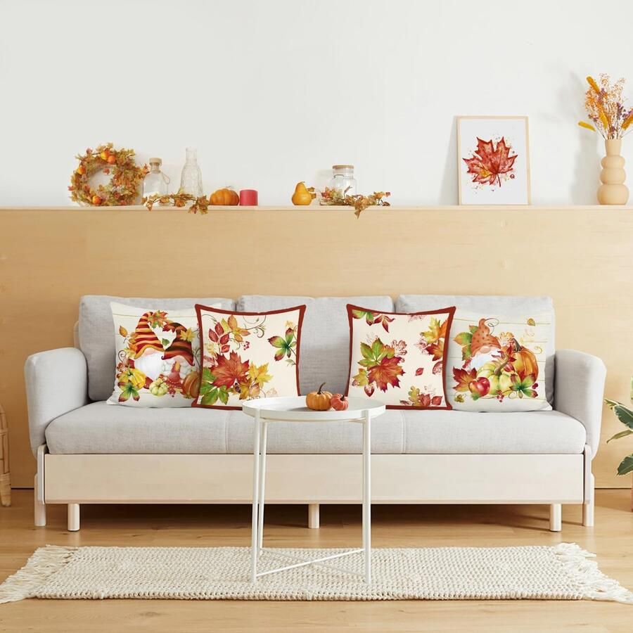 Set van 4 kussenslopen met herfstbladeren 45 x 45 cm esdoornbladeren kabouter herfst oogst fluweelzachte decoratieve kussenhoes herfst sierkussenhoezen voor bank woonkamer huis tuin decoratie
