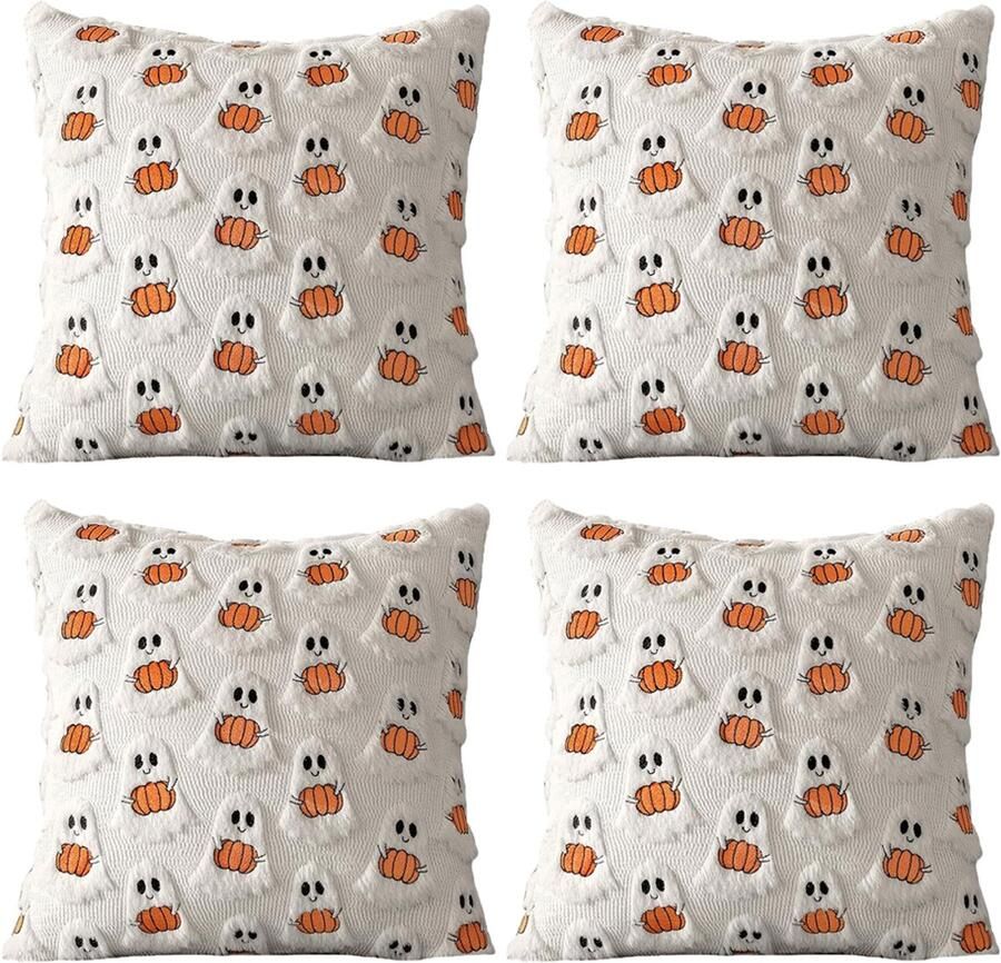 Set van 4 decoratieve kussenslopen voor Halloween schattige herfstkussenhoes met spook zachte pluchen pompoenkussenhoezen herfstdecoratie voor bank bed woonkamer feestelijke woondecoratie 45 x 45 cm