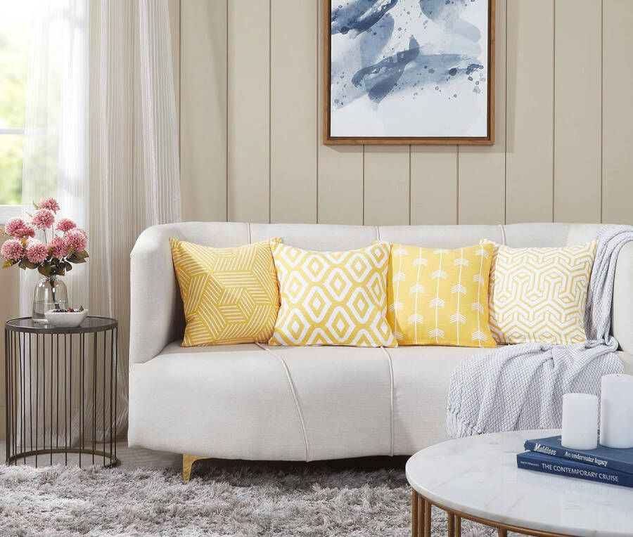 Set van 4 decoratieve vierkante kussens van katoen luxueus stijlvol voor woonkamer bank slaapkamer met onzichtbare ritssluiting 45x45cm (18) geel wit mix