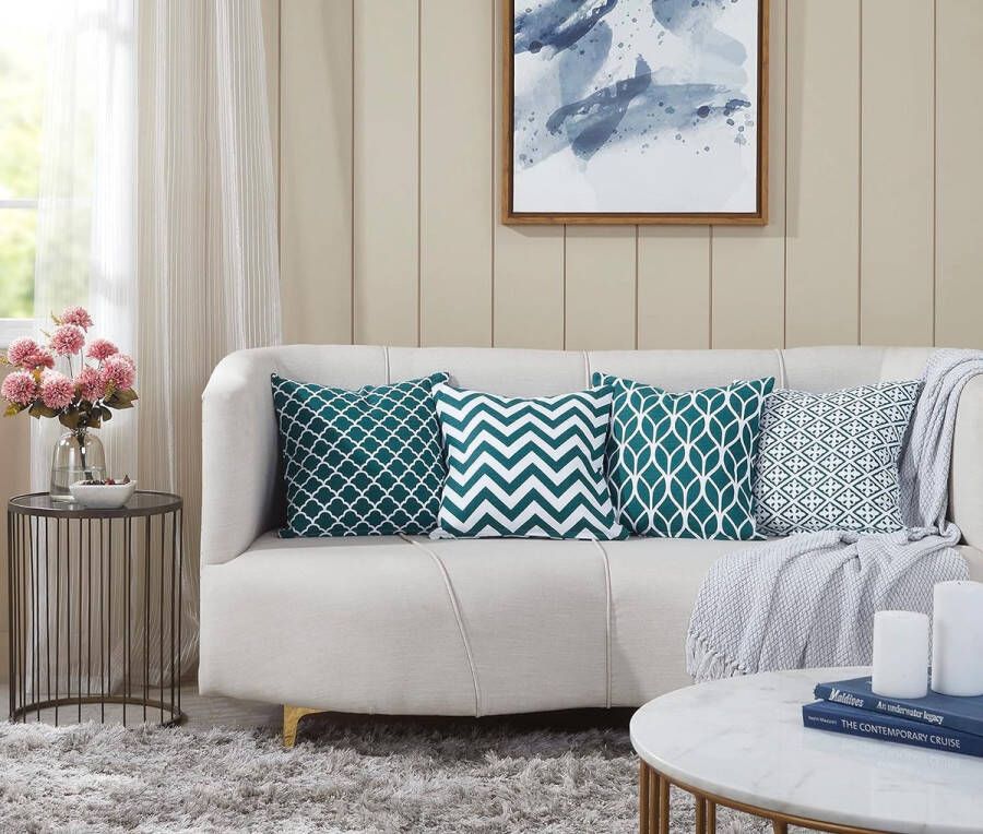Set van 4 decoratieve vierkante kussens van katoen luxueus stijlvol voor woonkamer bank slaapkamer met onzichtbare ritssluiting 45x45cm (18 inch) groen
