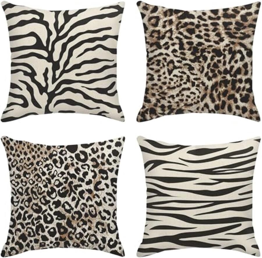 Set van 4 Dieren Sierkussenslopen Luipaard Bruin Safari Decoratieve Kussens 45x45 cm voor Sofa en Bank