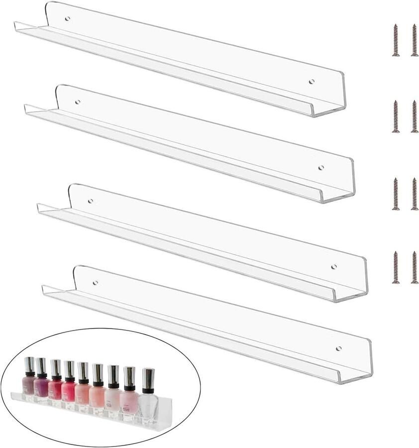 Set van 4 drijvende acrylplanken voor muurmontage Decoratieve wandplanken voor woning Onzichtbare boekenplank voor foto's Geschikt voor woonkamer keuken badkamer en kantoor Afmeting 40 x 5 x 5 cm