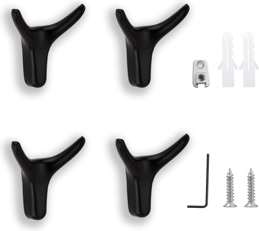 Set van 4 dubbele wandhaken zinklegering met schroeven handdoekhaken kapstokken zwarte kapstokken voor badkamer keuken slaapkamer retro haken (mat zwart)