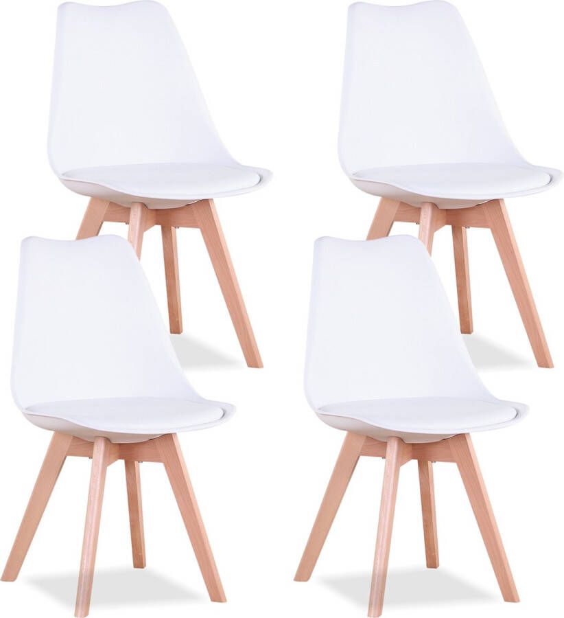 Set van 4 Eetkamerstoelen Eetkamerstoel 4 Stuks Stoelen Set Met Kussen Modern Wit Hout Leer