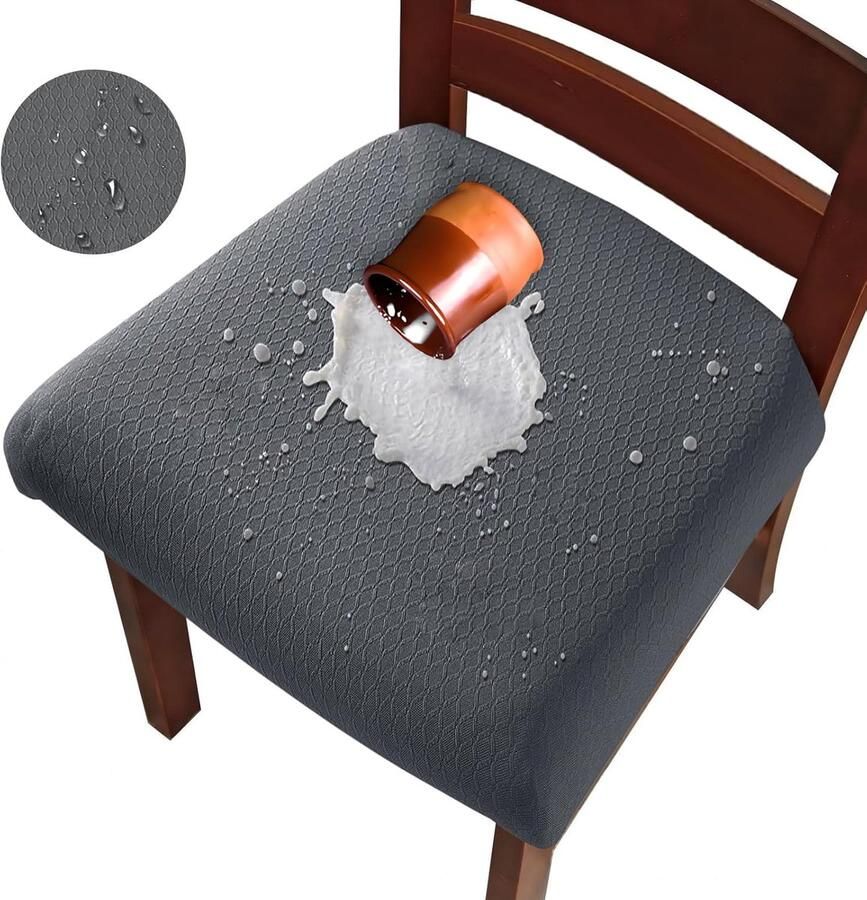 Set van 4 eetkamerstoelen jacquard eetkamerstoelen stoelhoezen TPU-folie waterdicht afneembaar wasbaar stretch voor keuken restaurant feest geruit donkergrijs