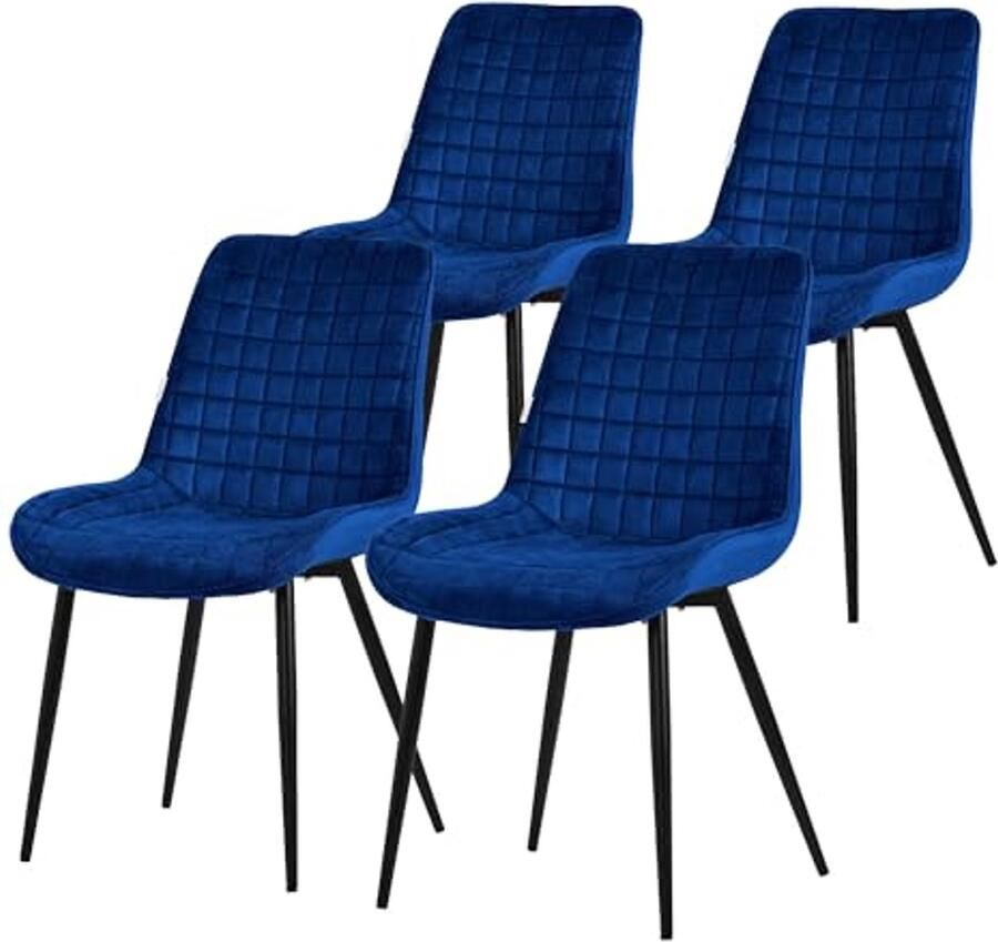 Set van 4 Eetkamerstoelen met Fluwelen Bekleding – Donkerblauwe Kleur en Zwarte Metalen Poten