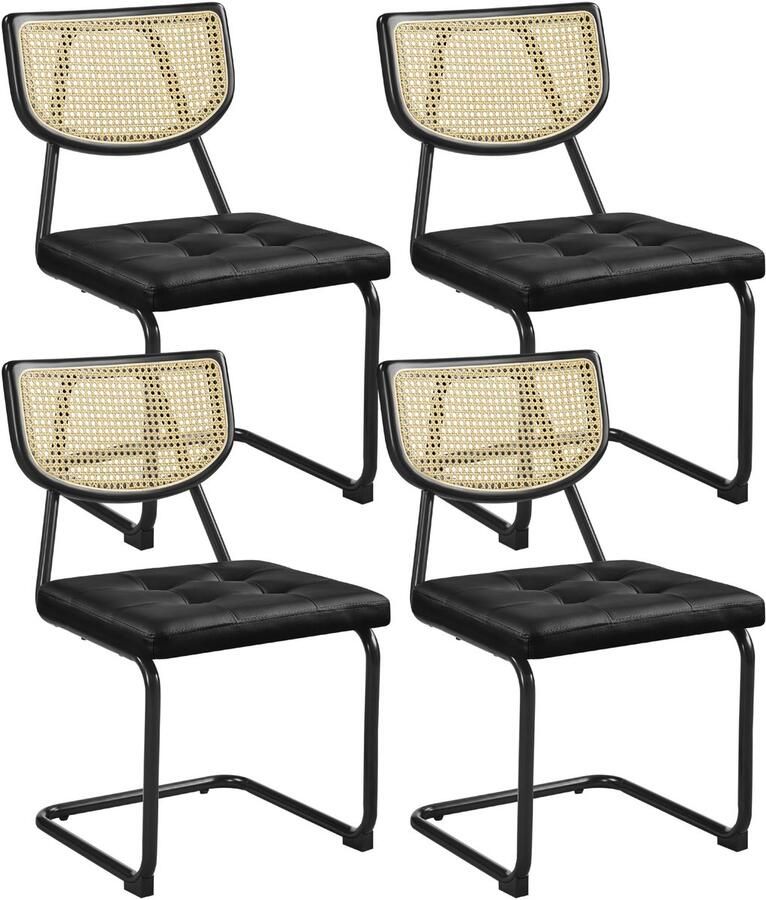 Set van 4 eetkamerstoelen rugleuning van rotan schommelstoel van kunstleer gestoffeerde stoel voor eetkamer keuken woonkamer restaurant zwart