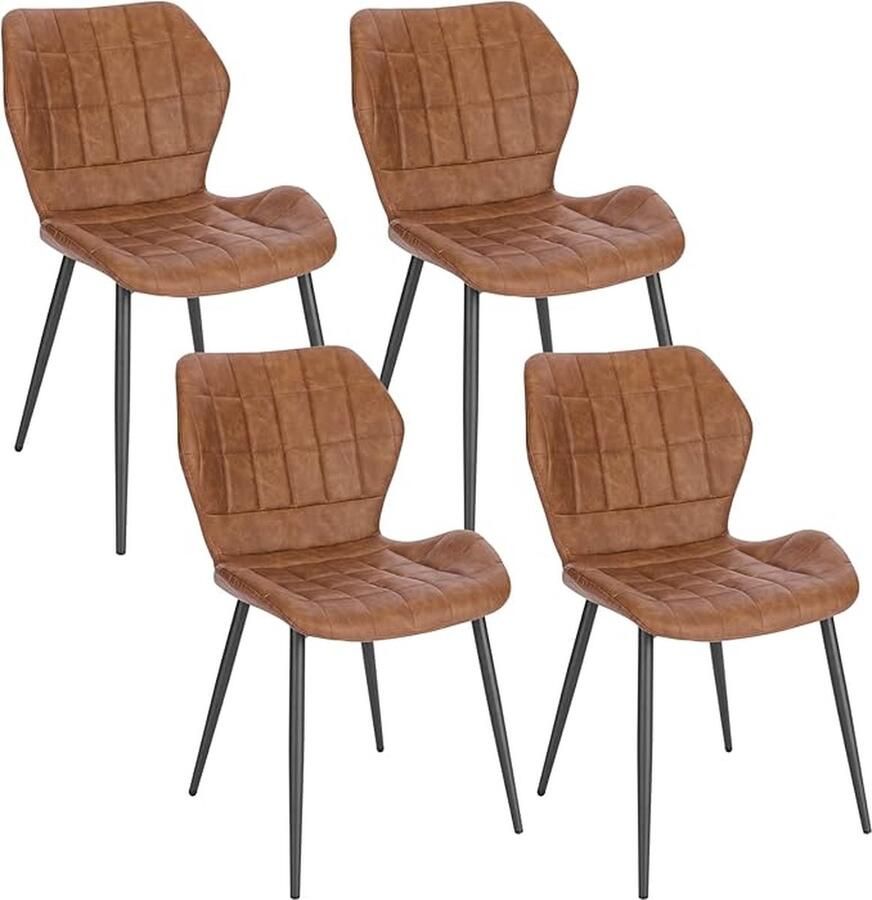 Set van 4 eetkamerstoelen Scandinavische stoel keukenstoel woonkamerstoel gestoffeerde zitting stoel van kunstleer bruin metalen poten BH357br-4