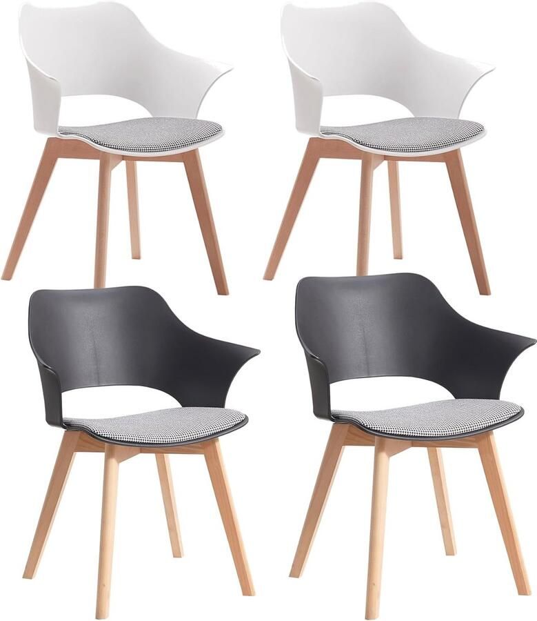 Set van 4 Ergonomische Eetkamerstoelen met Armleuning en Stof Zitting Comfortabele Keukenstoelen in Zwart en Wit - Foto 2
