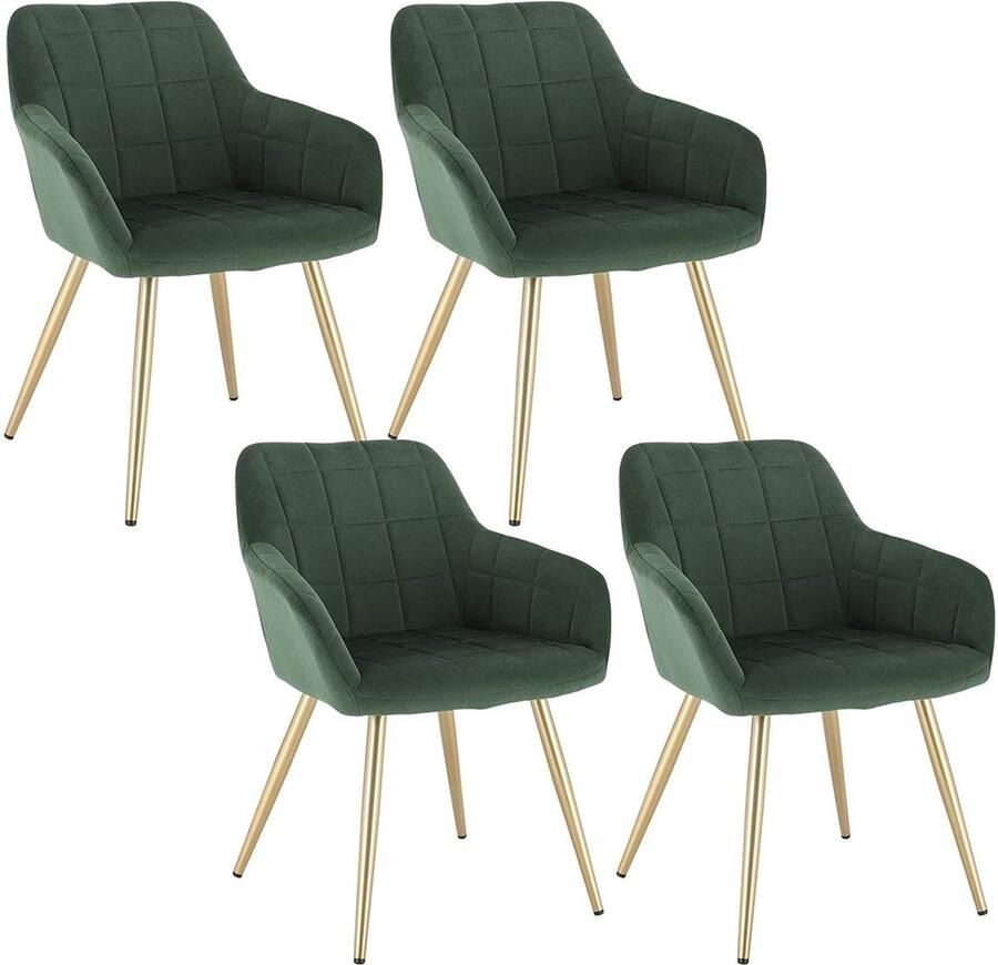 Rootz Living Rootz Set van 4 fluwelen eetkamerstoelen Elegante stoelen Gouden metalen poten Comfortabel en ergonomisch Duurzaam en stabiel Eenvoudige montage Donkergroen 43 cm x 55 cm x 81 cm