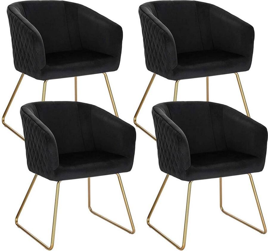 Rootz Living Rootz Set van 4 fluwelen keukenstoelen Eetkamerstoelen Gestoffeerde stoelen Ergonomisch ontwerp Stevig en duurzaam Geluidsreducerend Zwart met gouden metalen poten 43 cm x 41 cm x 76 5 cm