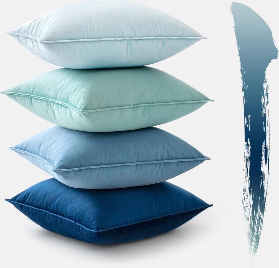 Set van 4 fluwelen kussenhoezen 50 x 50 cm blauw kussen decoratieve kussenhoezen bankkussens sierkussens omwikkelde rand voor bank woonkamer slaapkamer