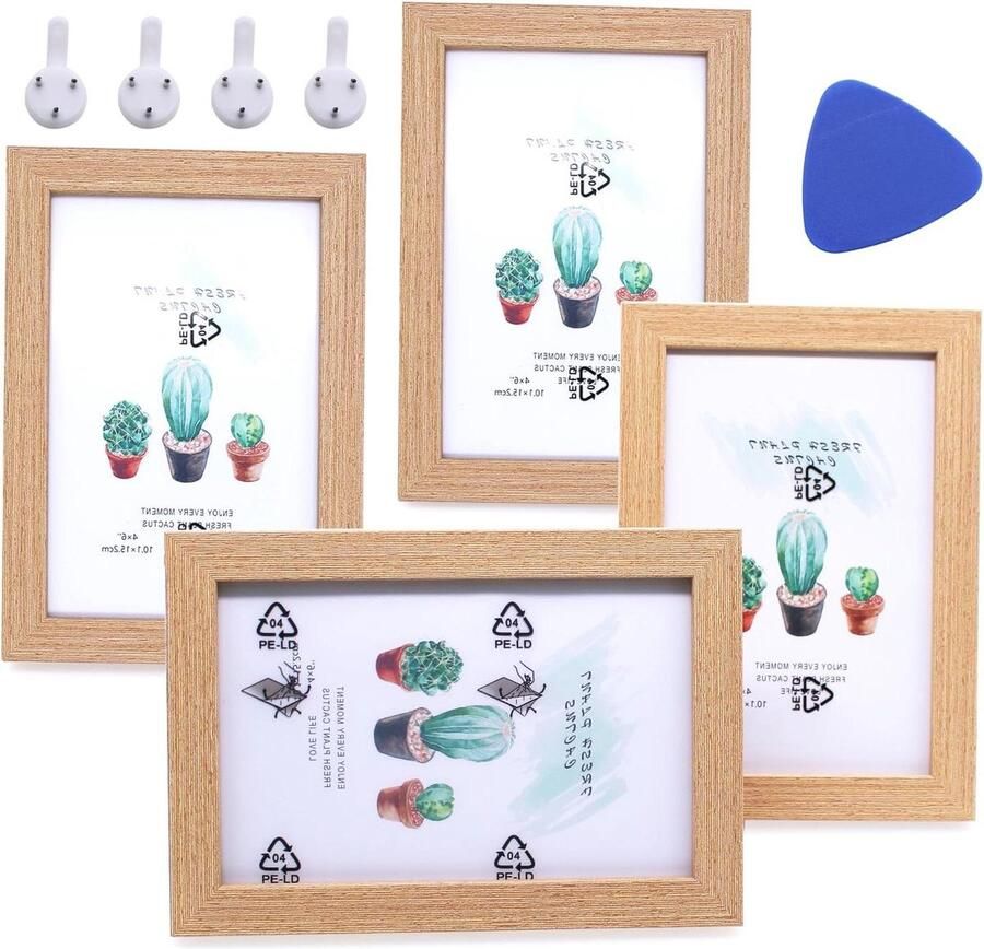 Set van 4 fotolijsten 10 cm x 15 cm Houten fotolijst voor tafel en muurdecoratie Inclusief houder en haak Natuurlijke uitstraling