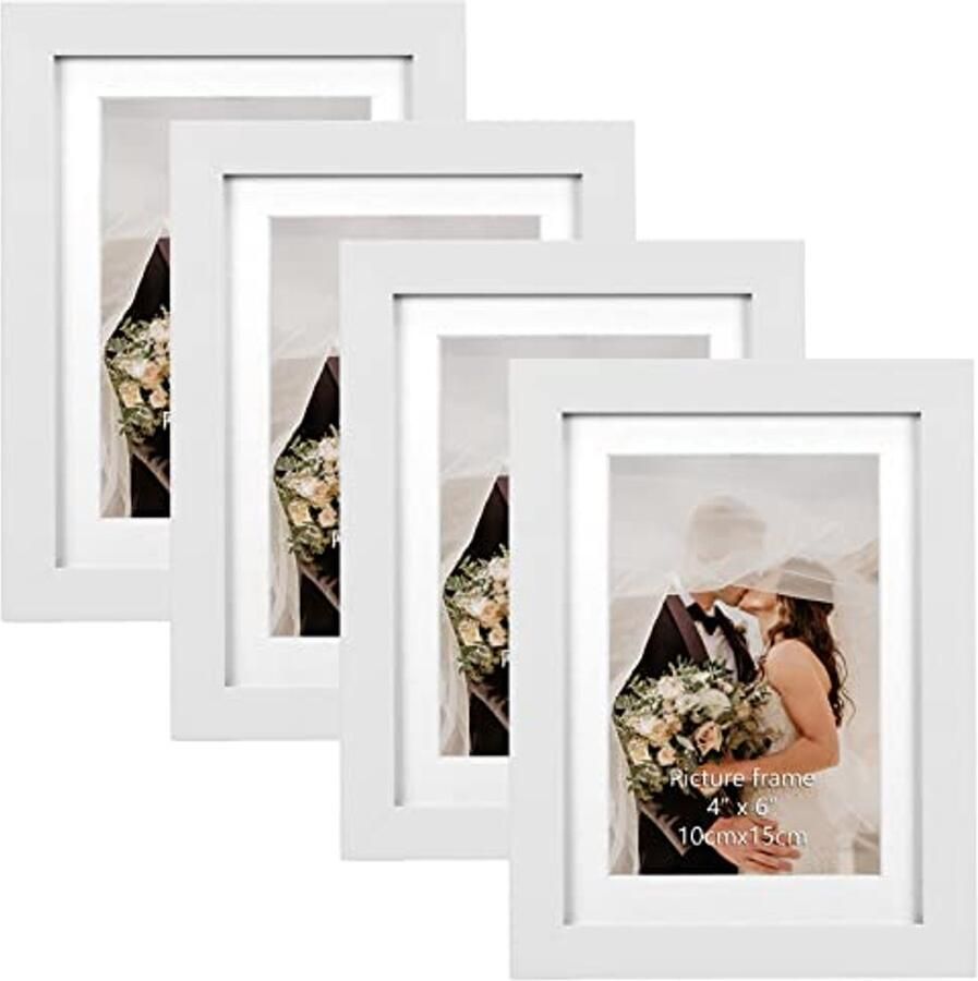 Set van 4 Fotolijsten 10x15 cm Witte Houtnerf voor Muur of Tafel