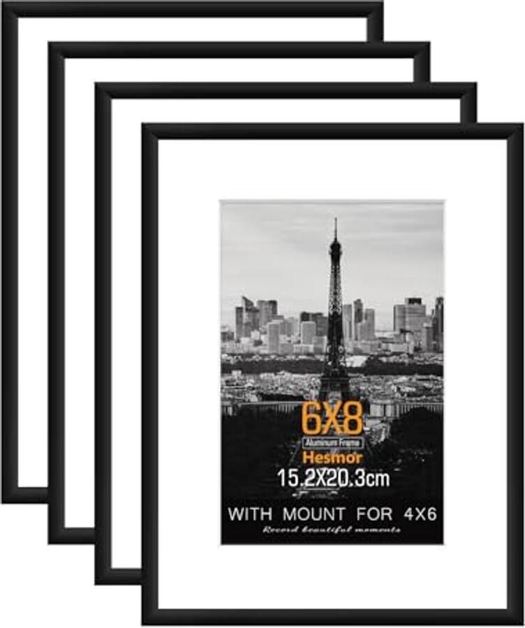 Set van 4 Fotolijsten 15 2 x 20 3 cm in Zwart Aluminium en Acryllijsten voor Tafel en Wand