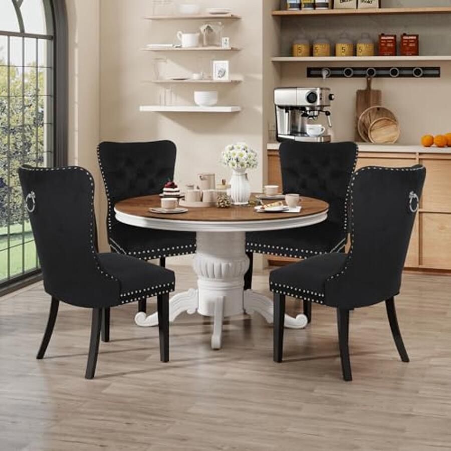 Set van 4 Gestoffeerde Eetkamerstoelen met Fluweel en Houten Poten