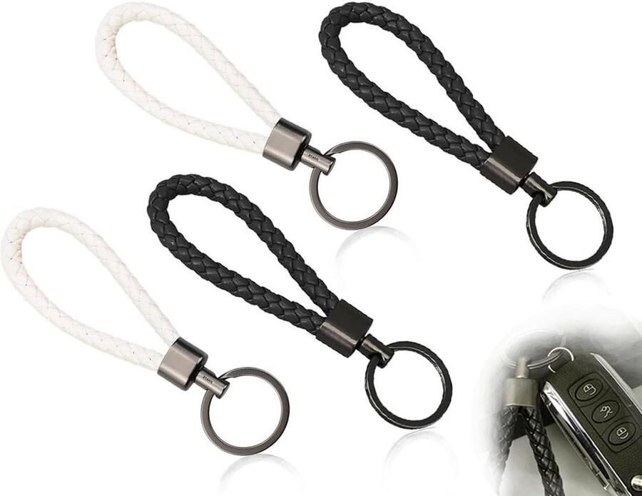 Set van 4 gevlochten leren sleutelhangers met kleine metalen gesp Wit en Zwart