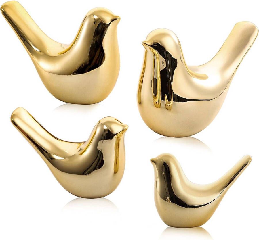 Set van 4 gouden vogeldecorbeeldjes kleine keramische dierenbeelden voor plankdecoratie voor thuis slaapkamer kasten en bureau