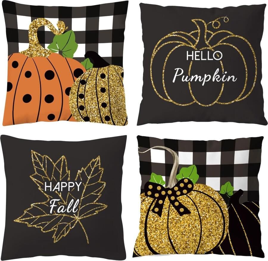 Luvetrex Set van 4 Herfst Kussenhoezen voor Bank en Woonkamerdecoratie Zwart Goud Pompoenontwerp 45 x 45 cm