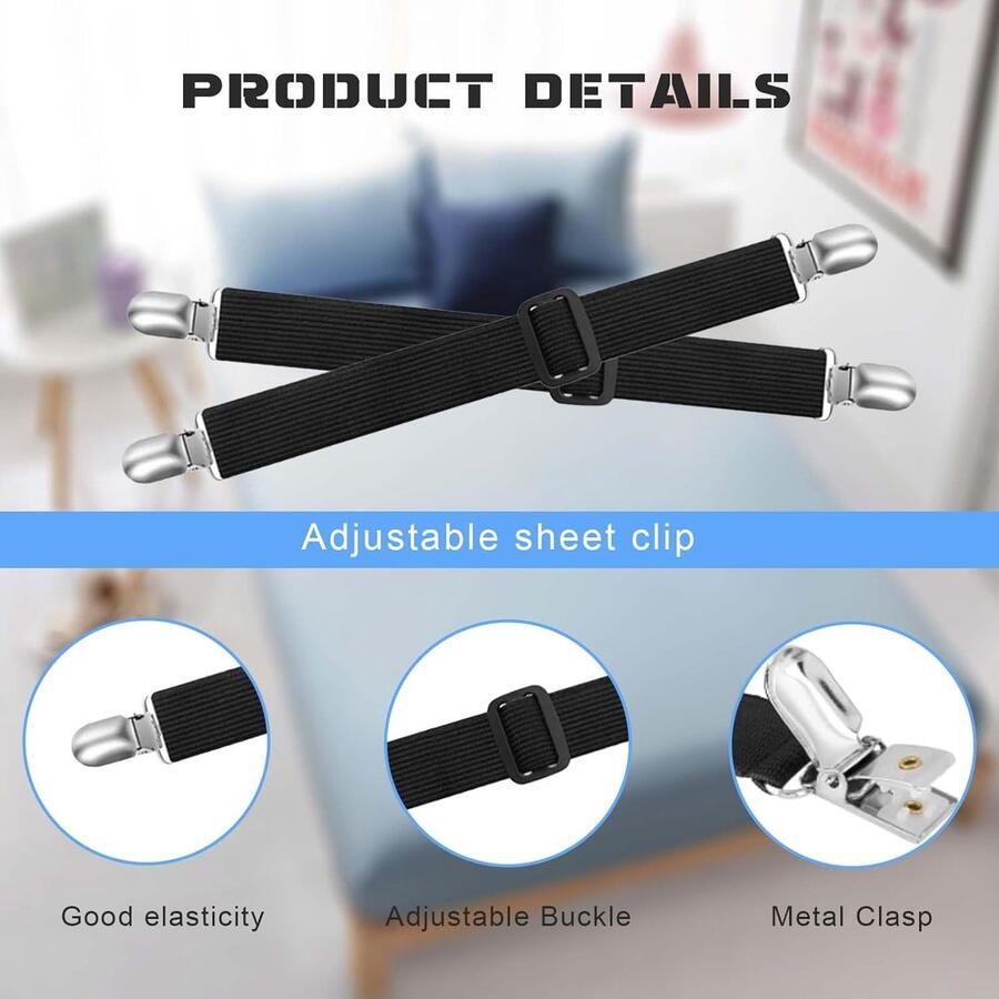 Set van 4 hoeslakens spanbanden lakenspanners verstelbare bedlakenspanners met hoogwaardige metalen gesp elastische spanners voor matrassen of lakens zwart