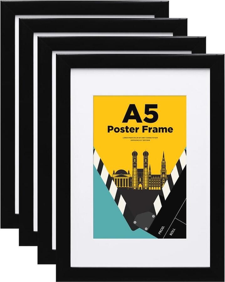 Set van 4 Houten A5 Fotolijsten met Acrylglas voor Tafel en Wandmontage Zwart