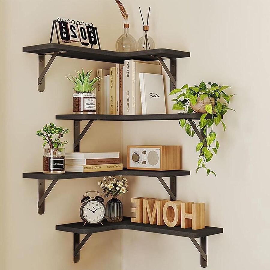 Set van 4 houten hoekplanken Wandplanken voor elke ruimte 4 stuks Zwart Hout en metaal