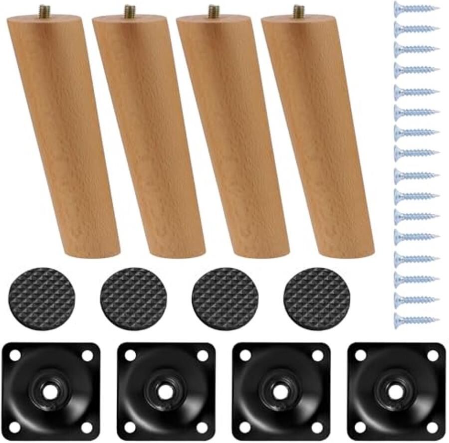 Set van 4 houten meubelpoten 15 cm massief taps toelopend voor meubels
