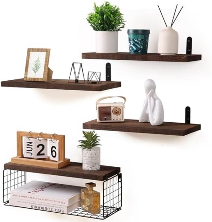 Set van 4 houten wandplanken met opbergmand Ideaal voor elke ruimte
