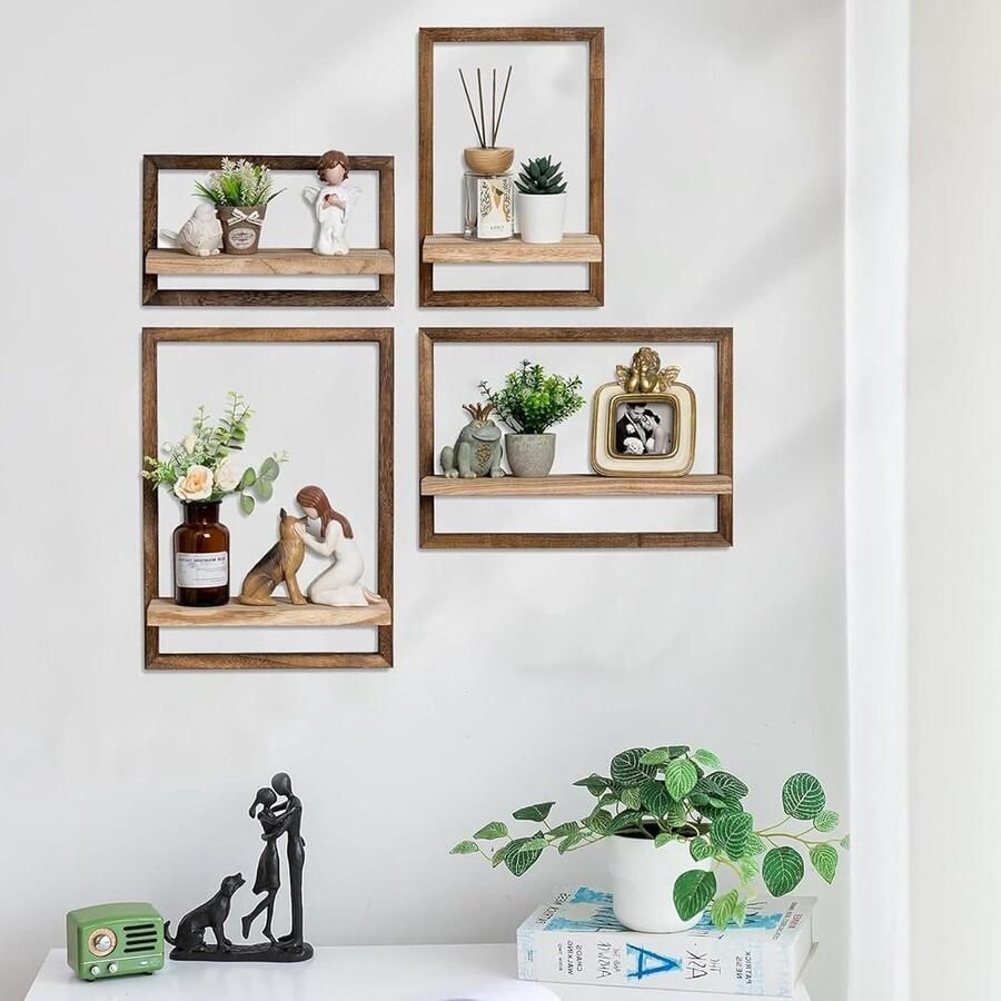 Allecto plus Set van 4 houten wandplanken zwevende planken voor muren rustieke wanddecoratie voor keuken woonkamer slaapkamer en badkamer in bruin hout