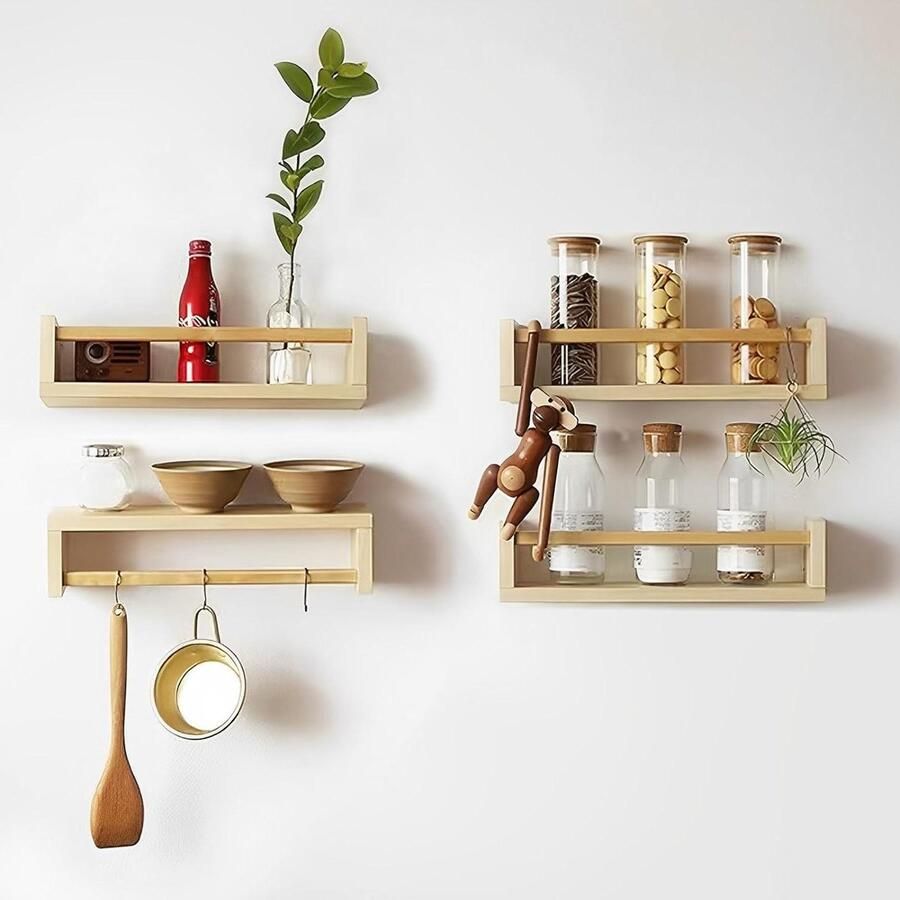 Set van 4 houten zwevende wandrekken 40 cm breed 10 cm diep klein wandrek smal planken keuken badkamer woonkamer kinderkamer bathroom shelf wood