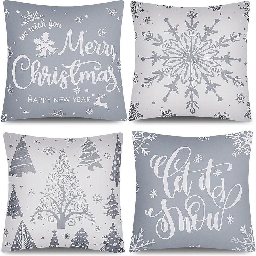 Set van 4 Kerstkussenhoesjes Kerstkussensloop Kerst kussenovertrek voor kerstdecoratie 45 x 45 cm bank accessoires (grijs)