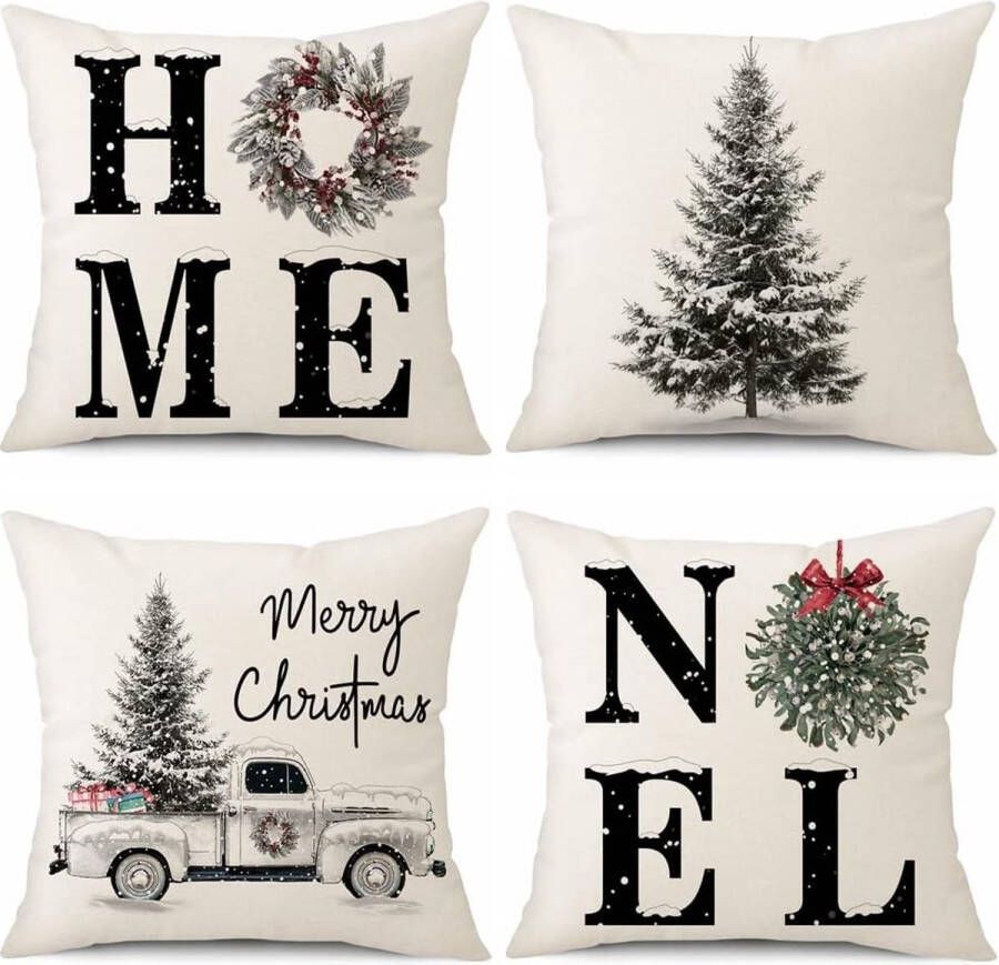 Set van 4 kerstkussenslopen linnen decoratieve sierkussenovertrekken voor de bank slaapkamer en woonkamer 45 x 45 cm kerstboom