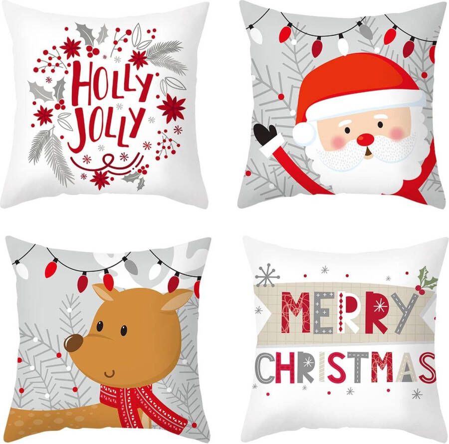 Set van 4 kerstkussenslopen sierkussen overtrek grijs-wit elk kerstman bankkussen voor stoel bed woonkamer slaapkamer 45 x 45 cm